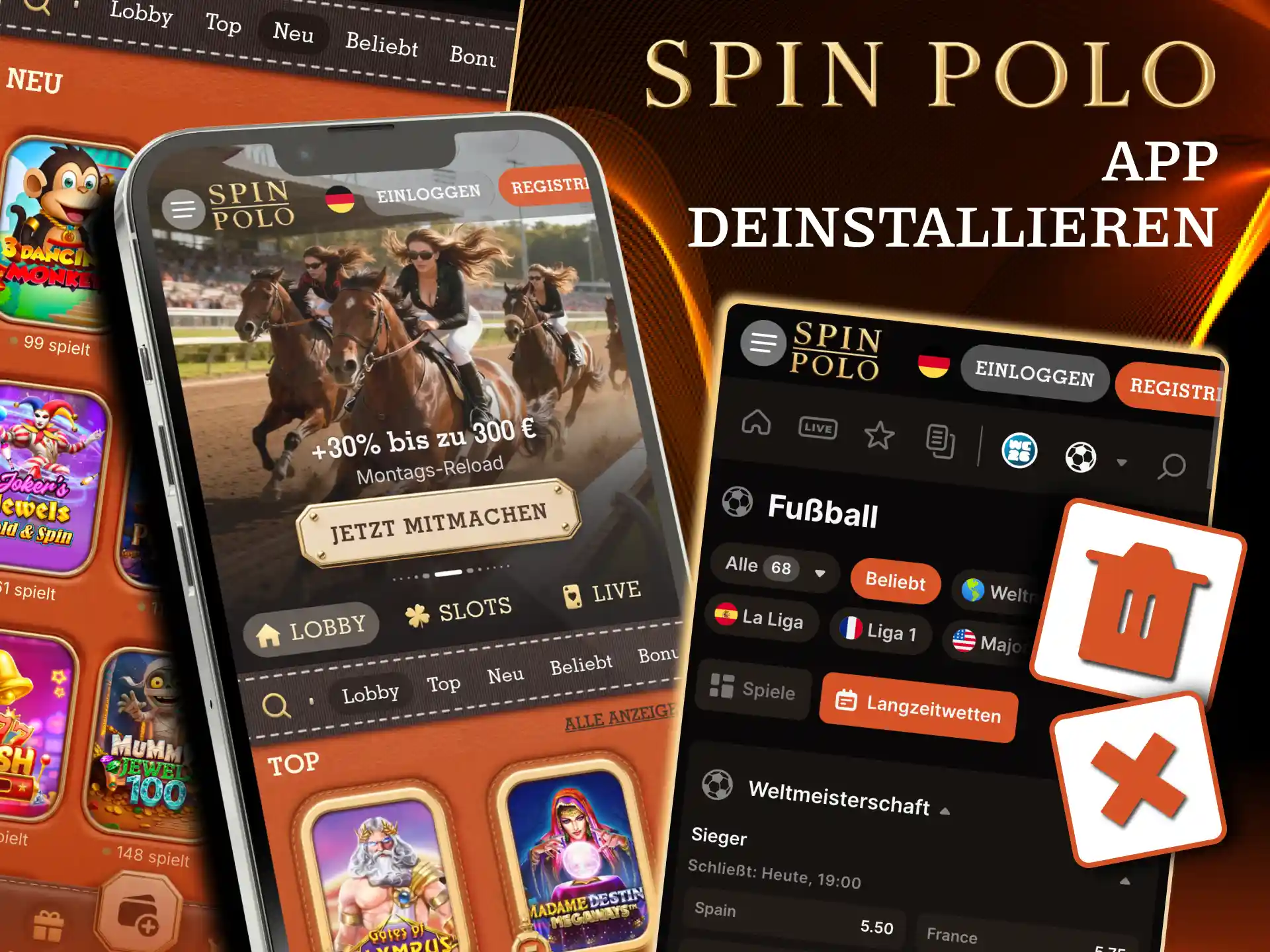 Spinpolo Deinstallation löscht App, Konto und Guthaben bleiben erhalten.