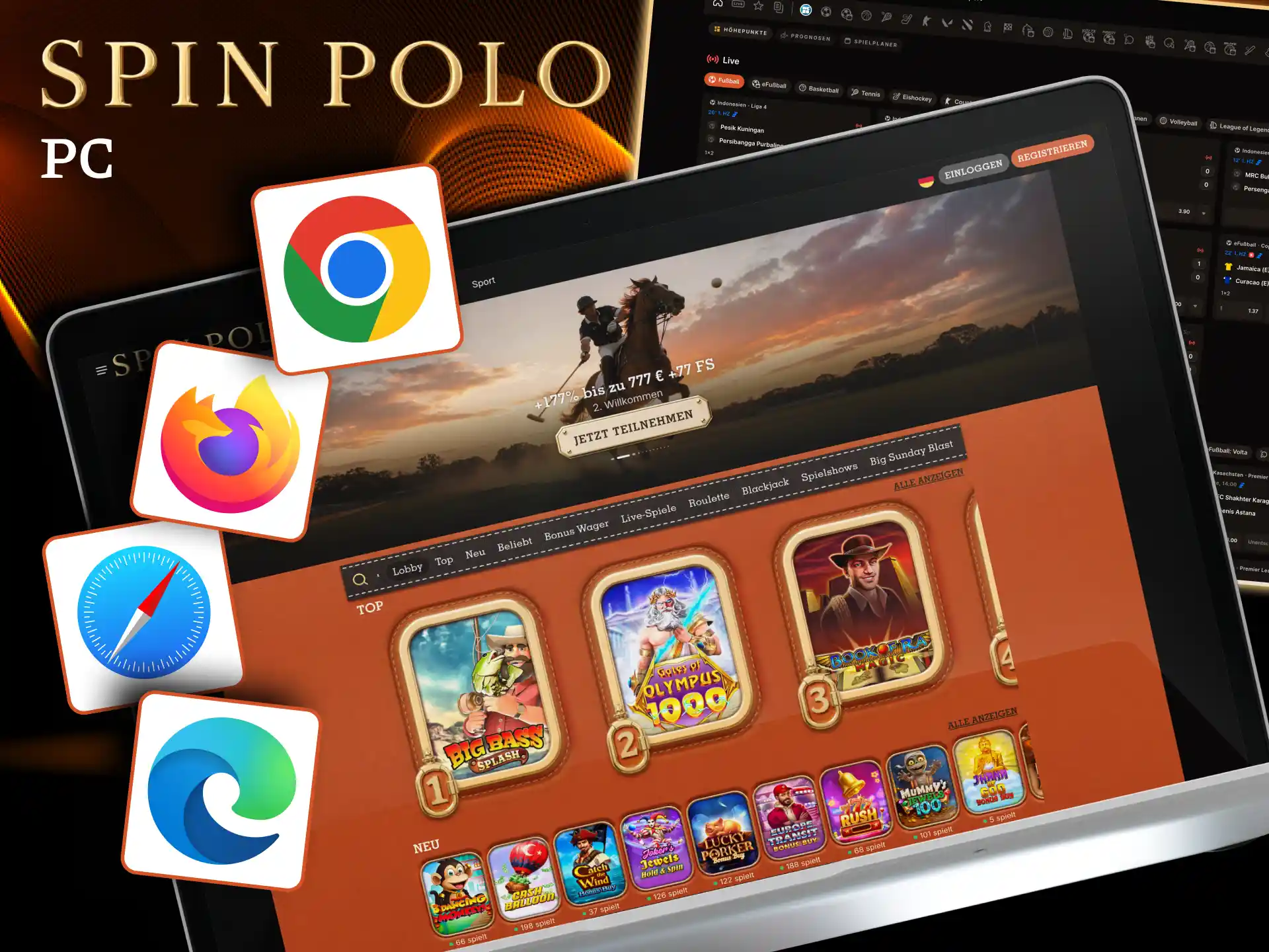 Desktop Nutzer greifen bei Spinpolo auf alle Spiele und Wetten zu.