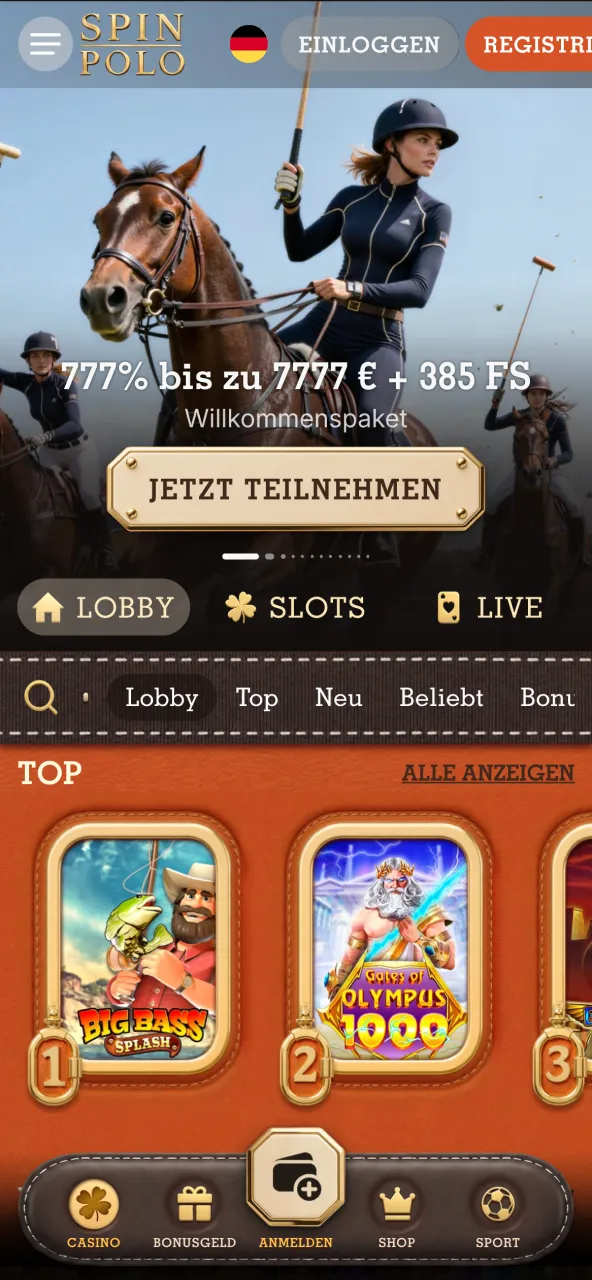 Übersichtliche Spinpolo App Startseite zeigt Spiele, Wetten und Boni.