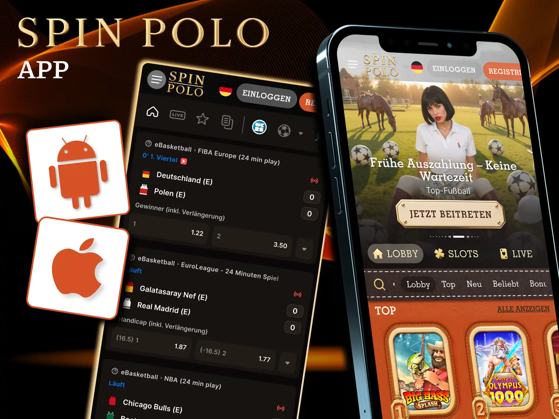 Spinpolo App bietet mobilen Zugang zu Basketball Wettmärkten.