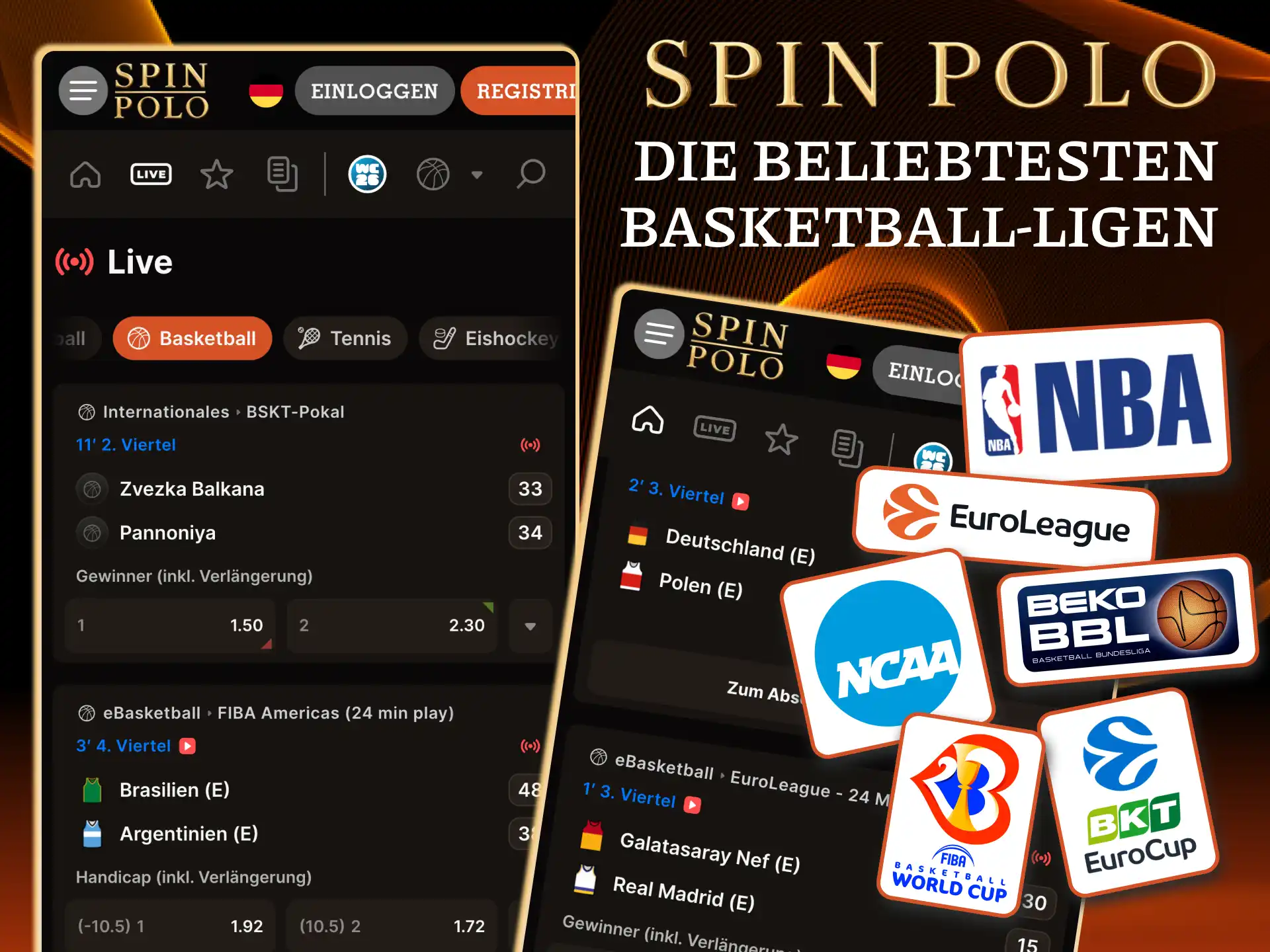 Spinpolo bietet Basketball Wetten auf NBA und EuroLeague.
