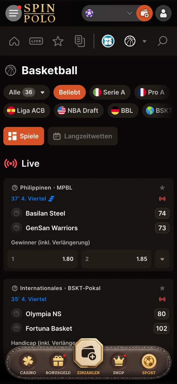 Spinpolo Spiel aus Liga auswählen.