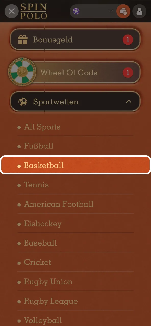 Basketball im Spinpolo Menü öffnen.