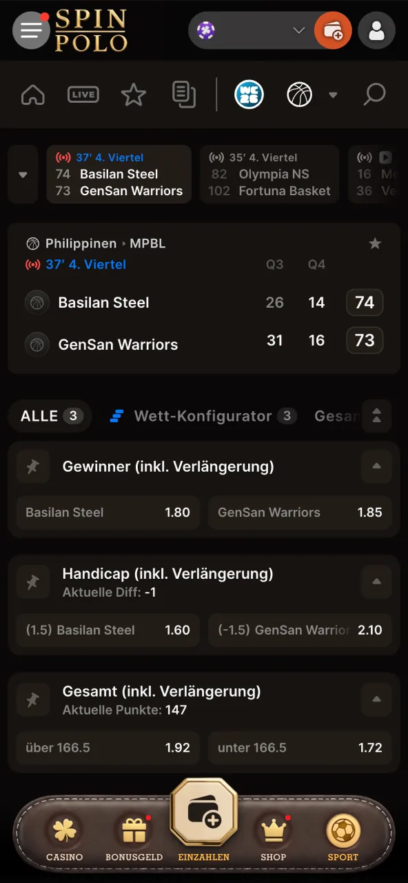 Auswahl des gewünschten Wettmarkts bei Spinpolo durch Spieler oder Fans.