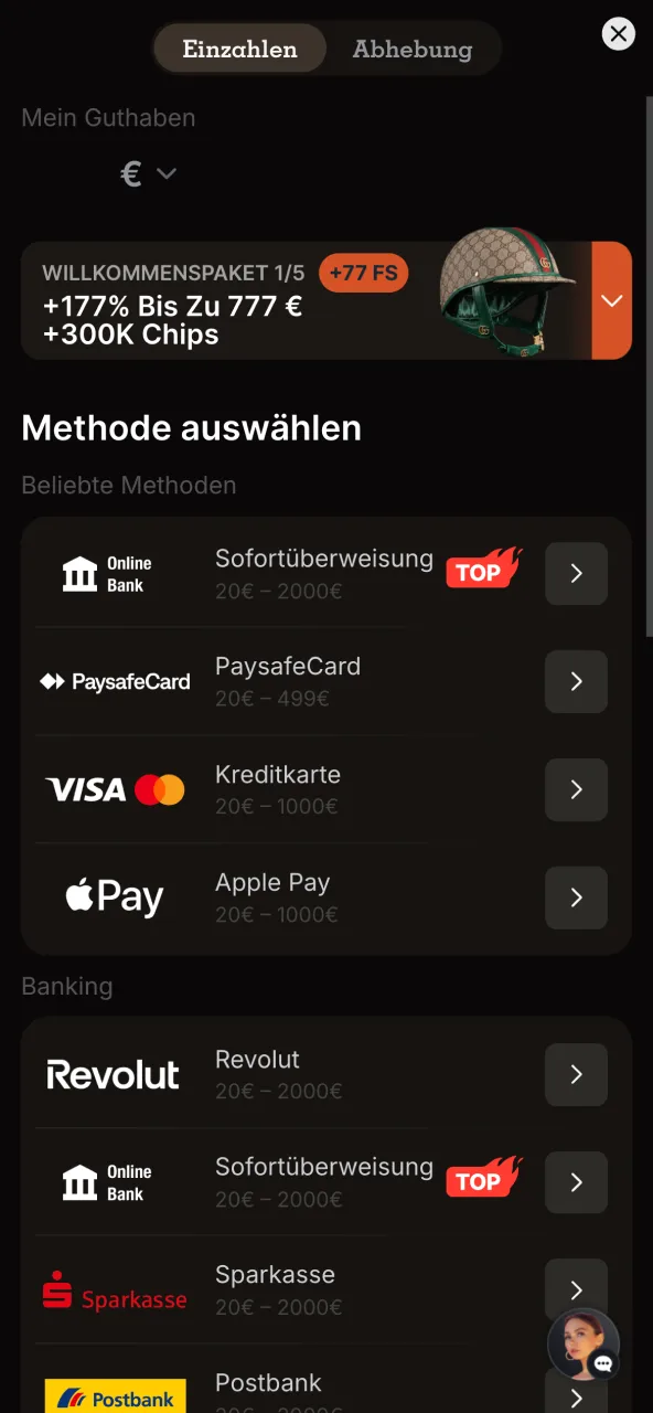Spinpolo Spieler tätigt Einzahlung über Kreditkarte oder andere Methoden.