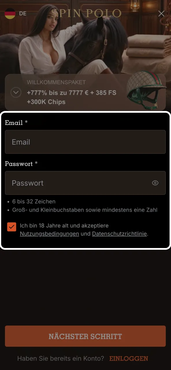 Nutzer erstellt Spinpolo Konto mit deutscher E-Mail Adresse.