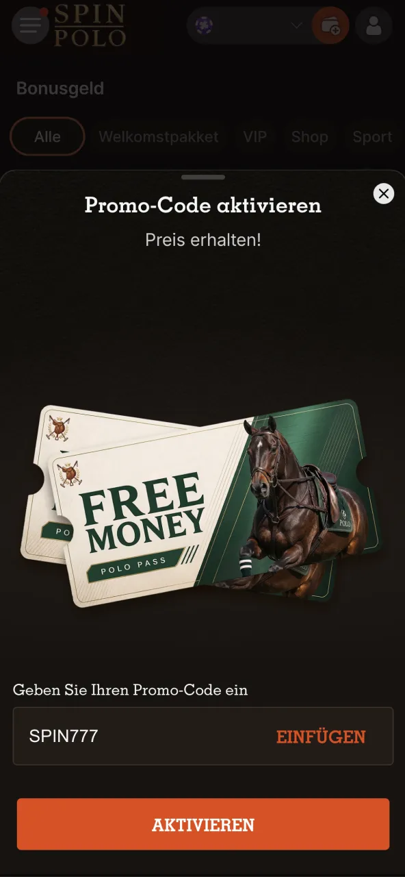 Spinpolo Promo Code im Bonusfeld vor Einzahlung eingeben.