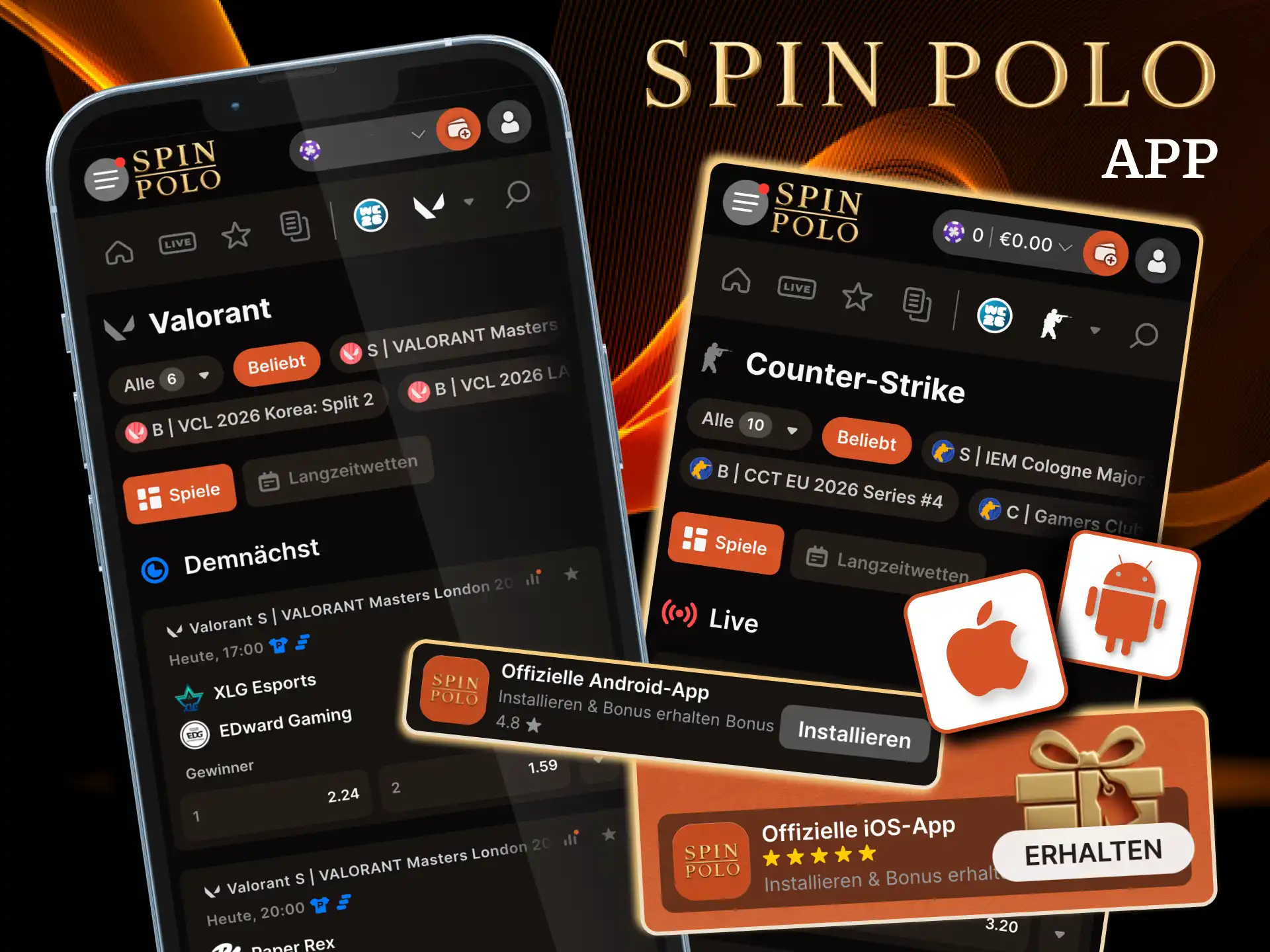 Nutzer lädt Spinpolo App für Android oder iOS herunter.