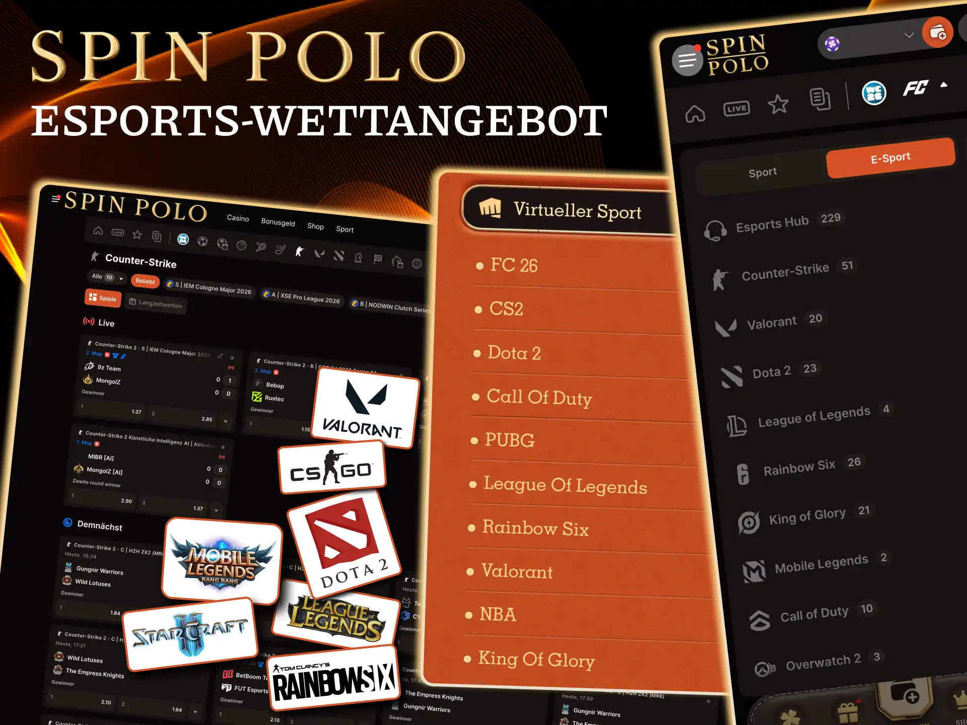 Spinpolo bietet eSports Wetten auf CS2 und Dota 2.