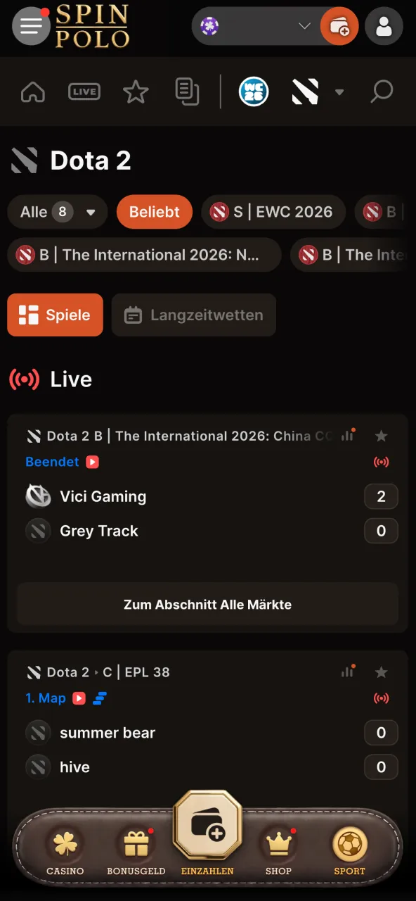 Spinpolo bietet eSports Turniere im Menü an.