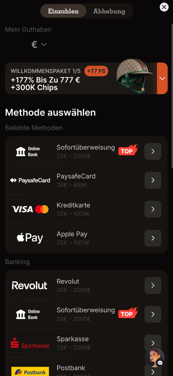 Einzahlung bei Spinpolo ab Mindestdepositum durchführen.