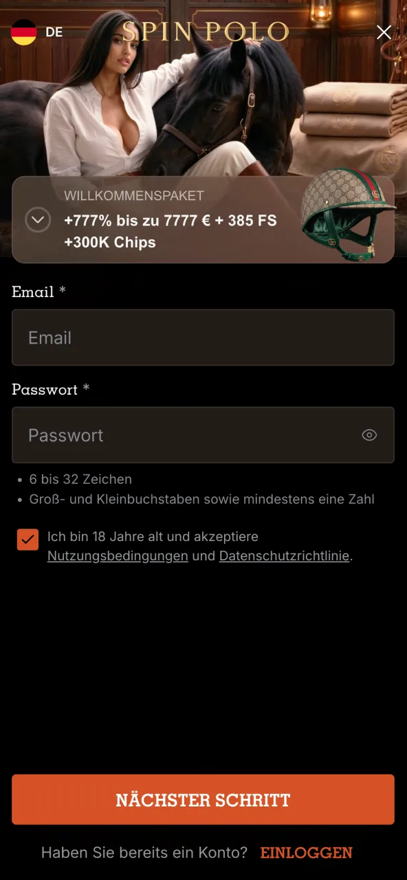 Spinpolo Kontoerstellung beginnt mit Klick auf Registrieren.