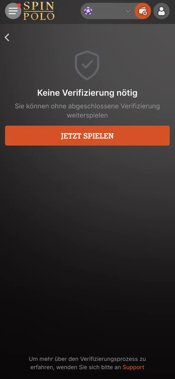 Spinpolo verlangt KYC Upload zur Kontoaktivierung.