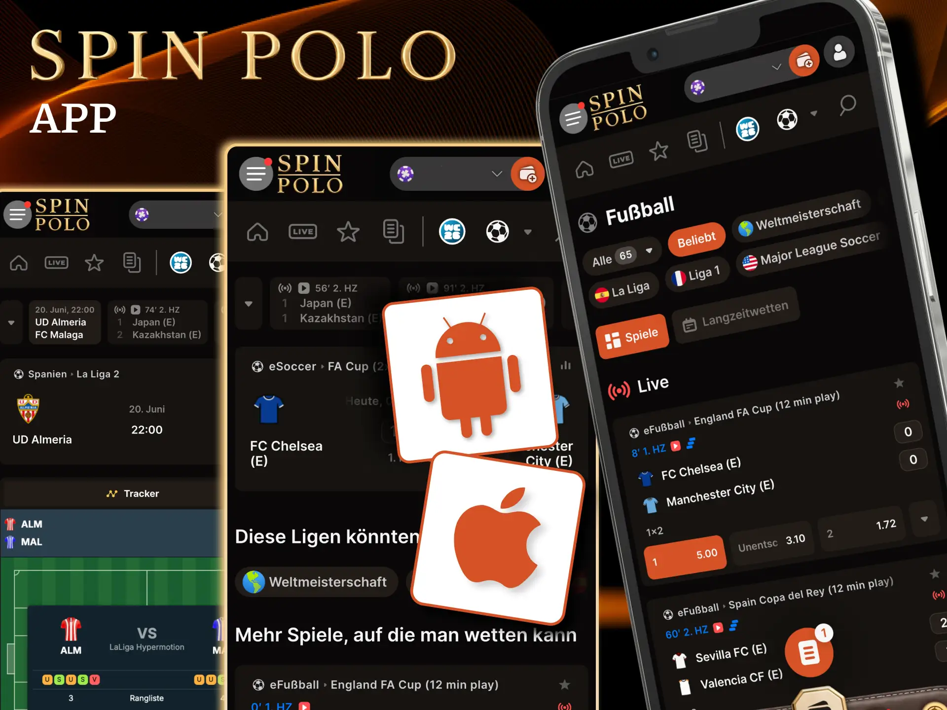 Spinpolo PWA starten, Fußballbereich öffnen, Spiel wählen und Wette platzieren.