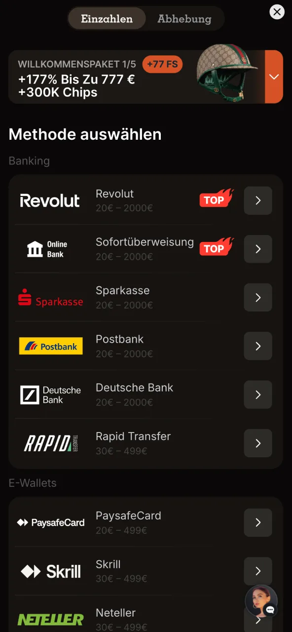 Spinpolo Einzahlung wählen mit Visa, Mastercard, E Wallets oder Krypto.