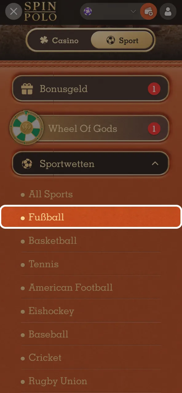 In Spinpolo zu Fußball navigieren und Liga sowie Spiel bestimmen.