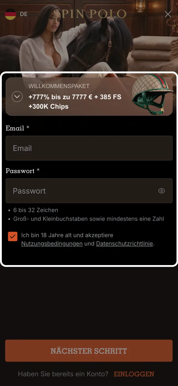 Neues Spinpolo Konto anlegen und per E-Mail sowie KYC bestätigen.
