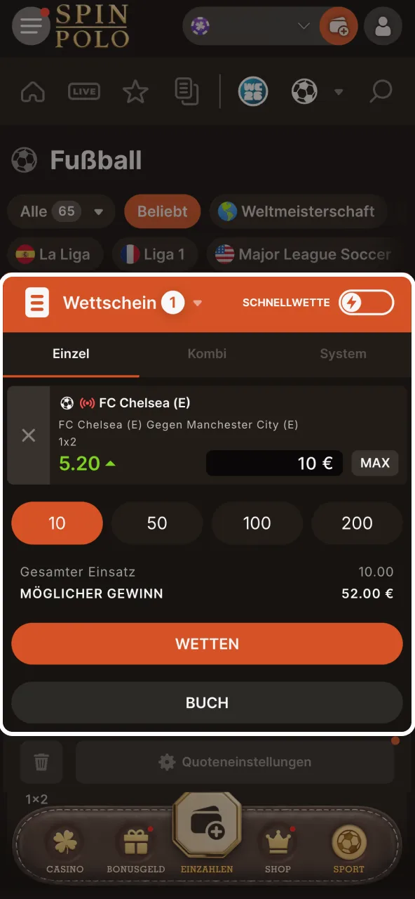 Wette bei Spinpolo platzieren und Status unter Meine Wetten prüfen.