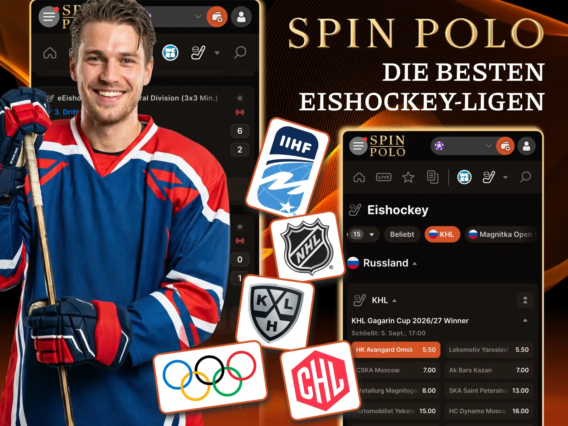 Top Eishockey Ligen wie DEL, NHL und KHL für Wetten bei Spinpolo.
