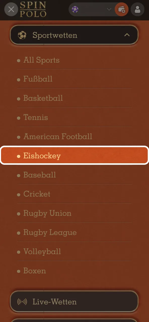 Eishockey im Spinpolo Sportbereich auswählen.