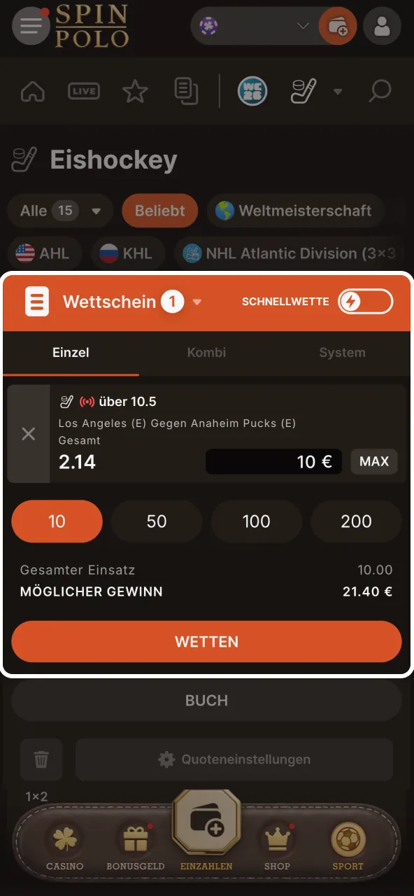 Bei Spinpolo Einsatz eingeben und Wette final abschließen.