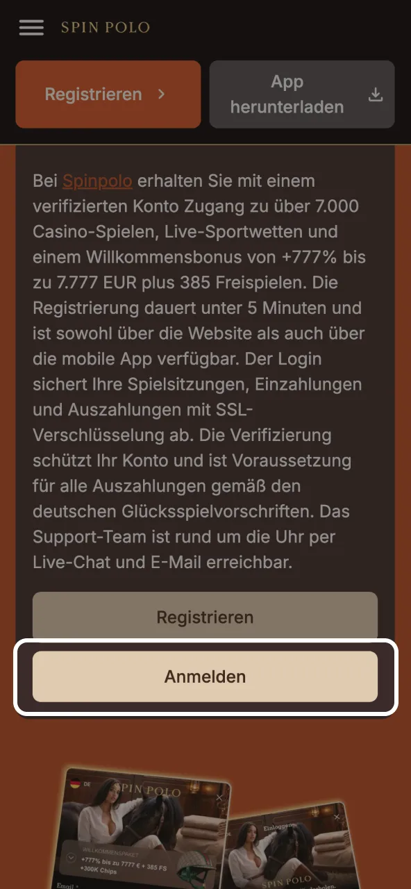 Login bei Spinpolo starten indem Sie den Button auf der Seite wählen.