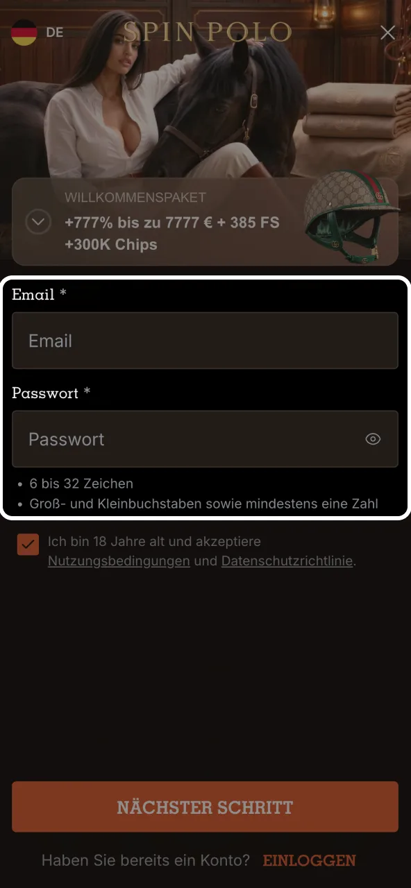 Spinpolo Felder mit Ihrer E-Mail und einem gewählten Passwort ausfüllen.