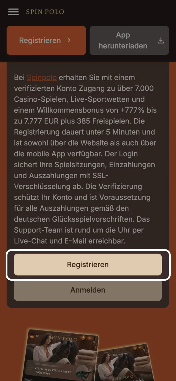 Registrierung bei Spinpolo starten durch Klick auf den Button auf der Seite.