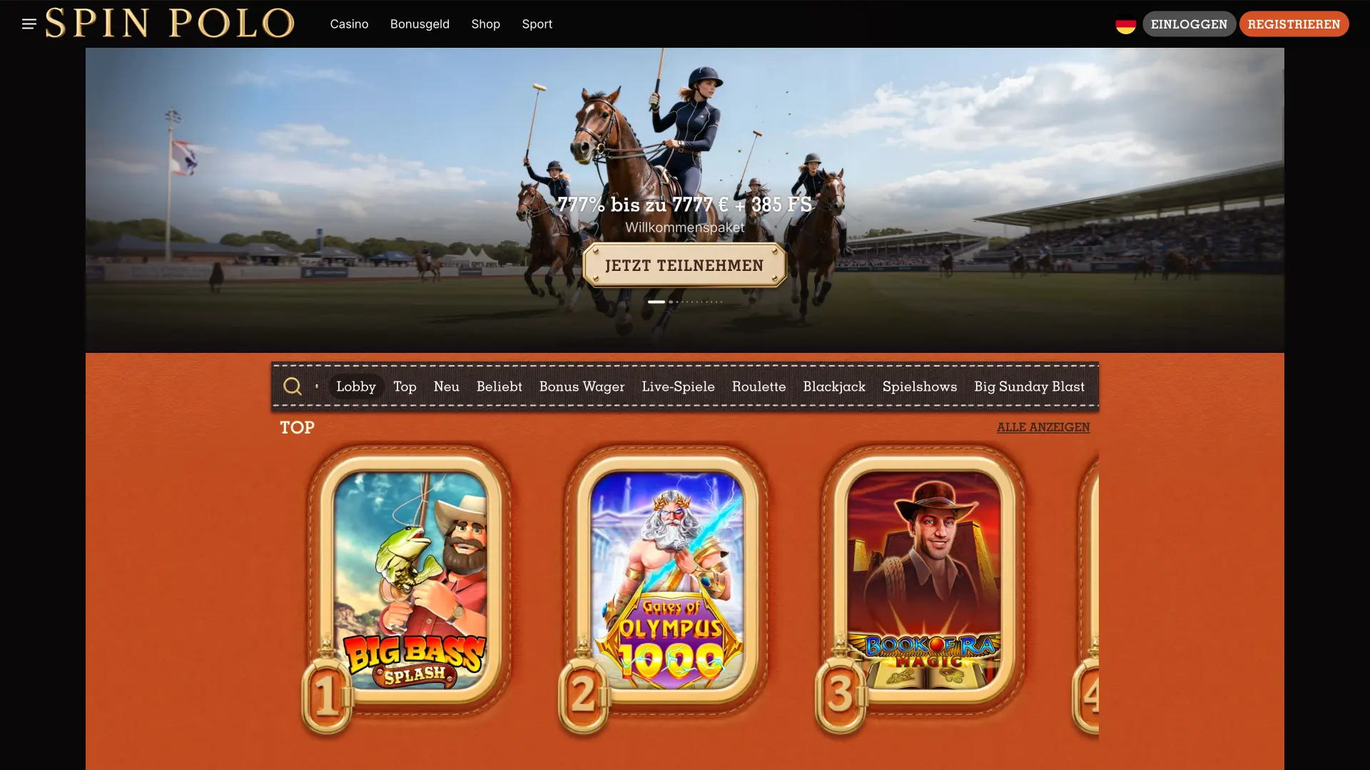 Spinpolo Hauptseite zeigt Überblick über Casino und Sportwetten.