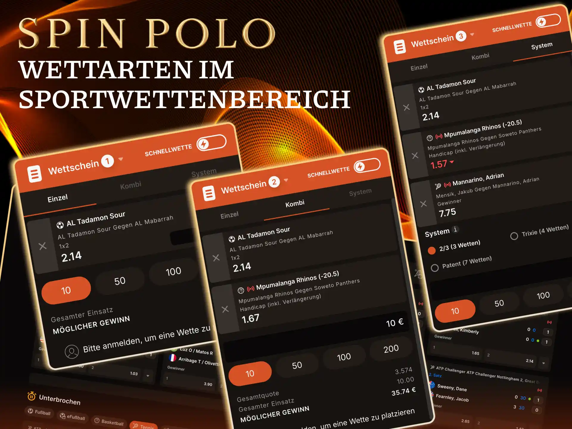 Spinpolo unterstützt Moneyline und Point Spread Wetten.