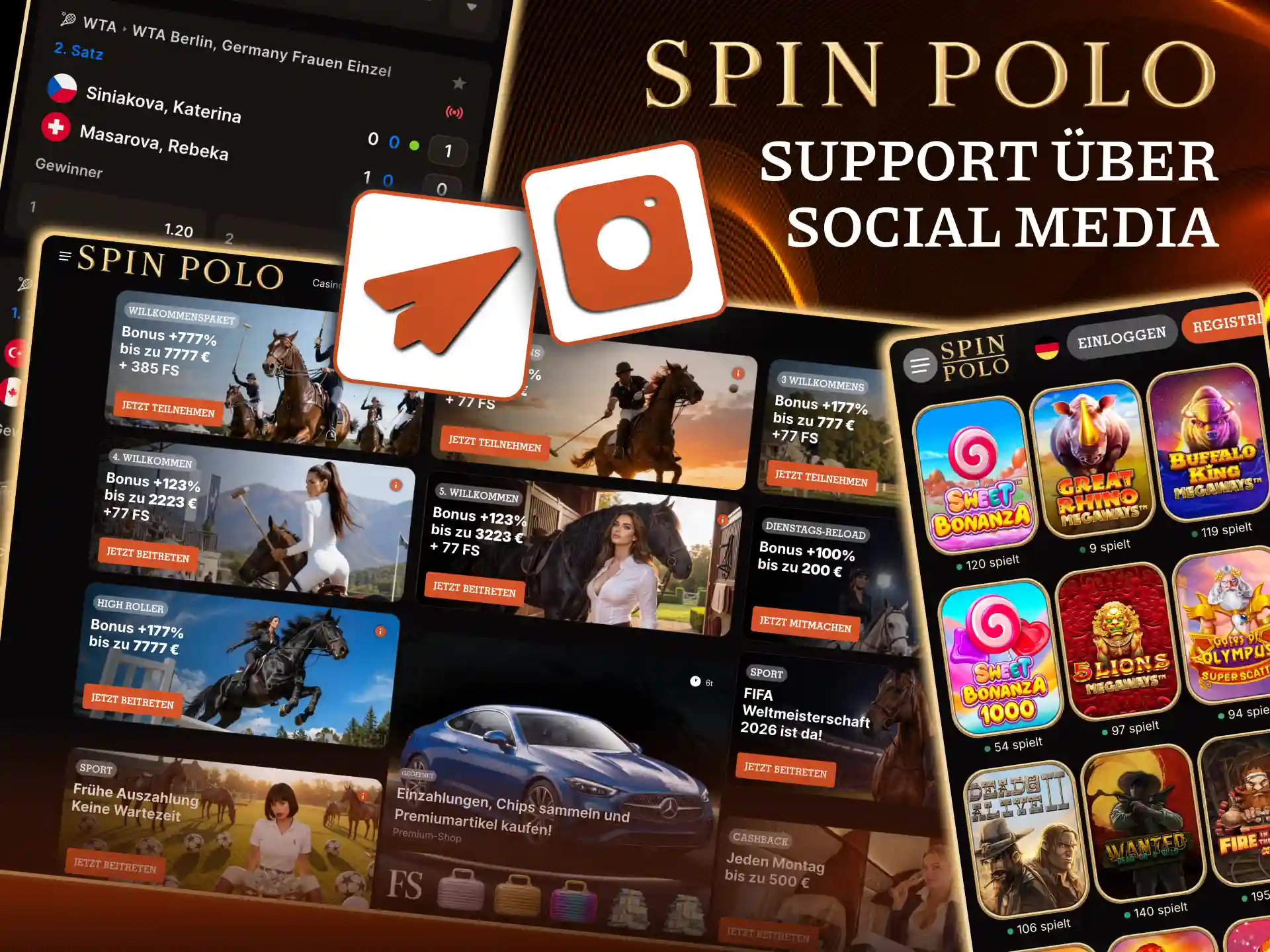 Spinpolo Support über Social Media wie Telegram oder Instagram kontaktieren.