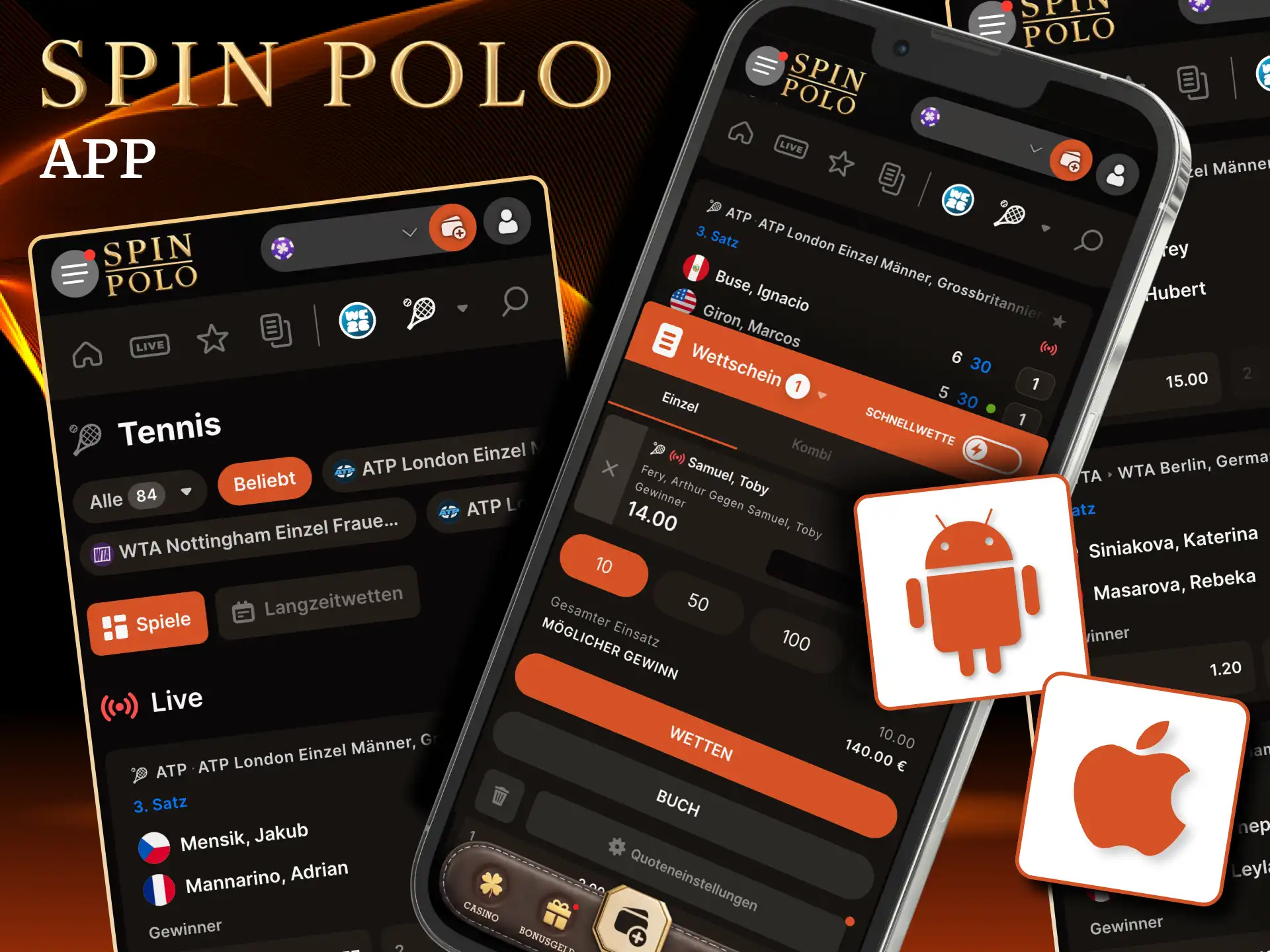 Tennisbereich in der Spinpolo App öffnen und mobil wetten.
