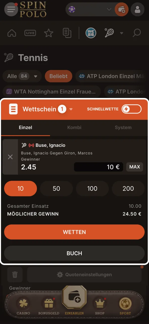 Einsatzhöhe bestimmen und Spinpolo Wettschein final bestätigen.