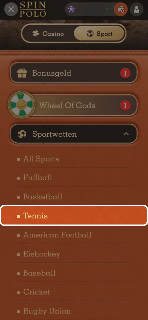 Im Spinpolo Wettmenü Tennis auswählen und ein Match bestimmen.