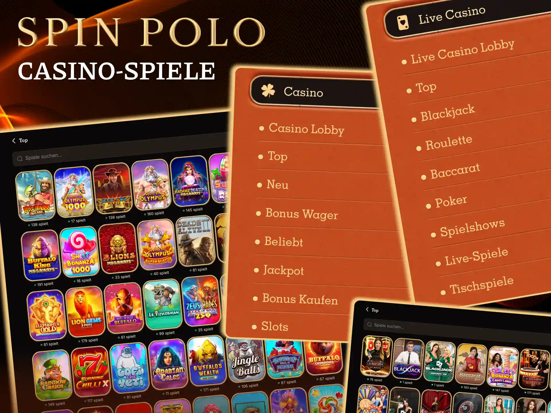 Große Spinpolo Spielauswahl, von Slots bis Live Casino Titeln.