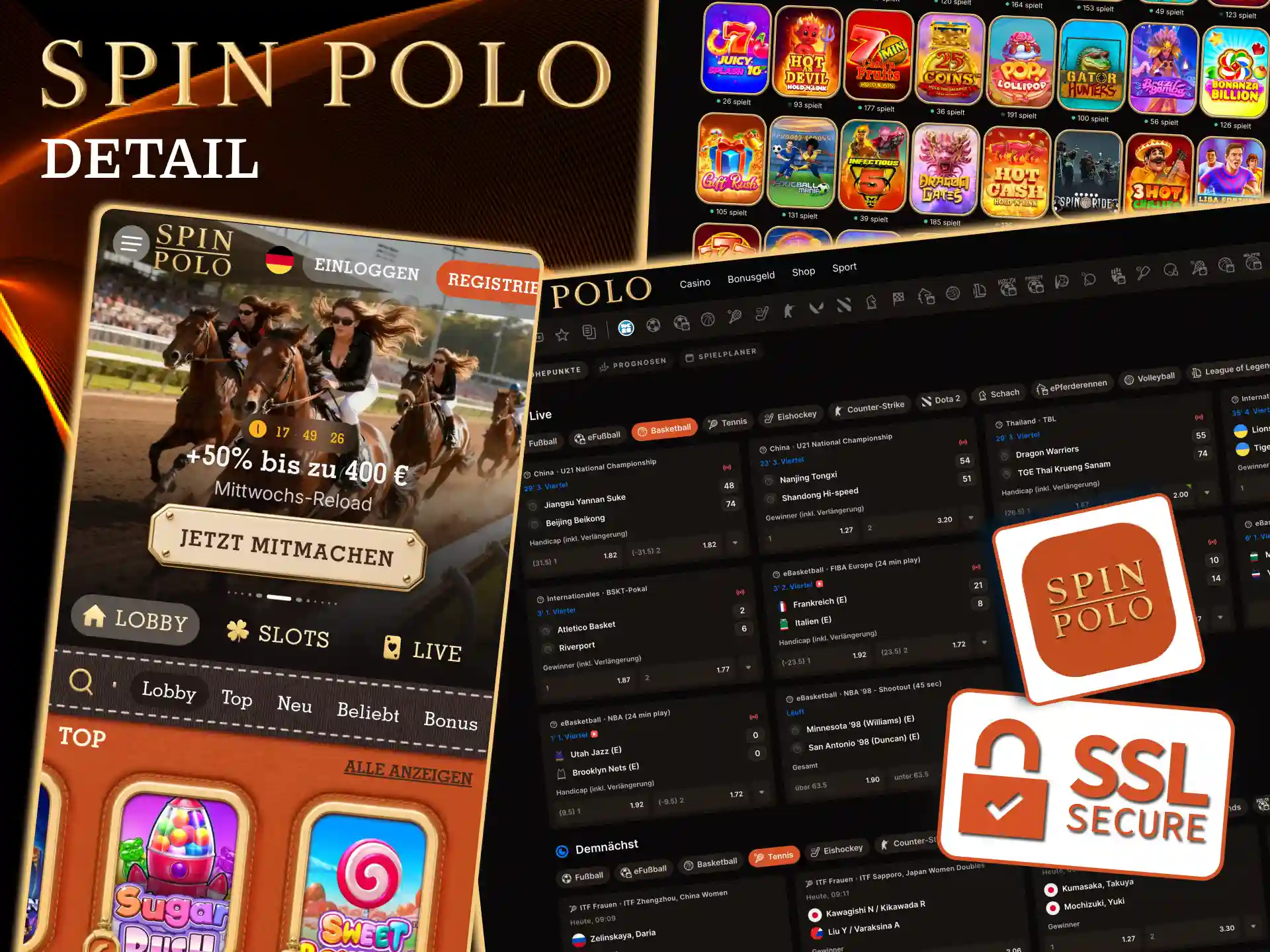 Spinpolo mit SSL Schutz breitem Wettangebot und optimierter mobiler App.