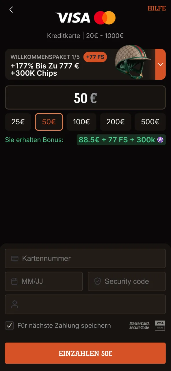 Spinpolo Betrag festlegen, überprüfen und über Bank oder App bestätigen.