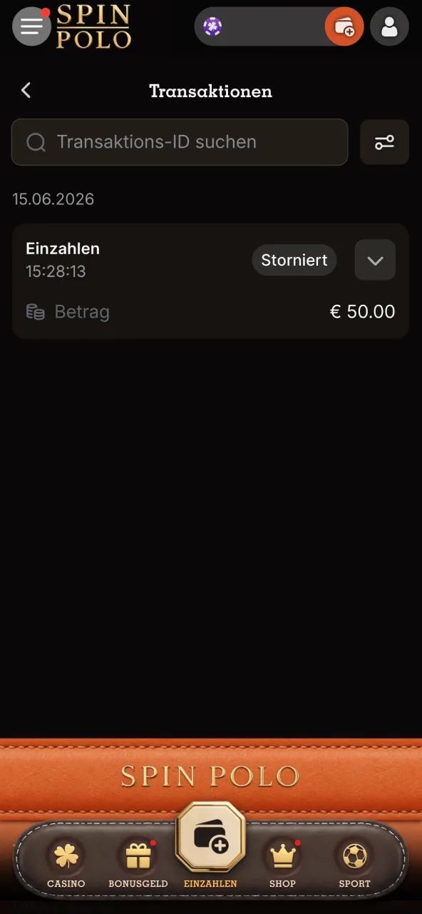 Aktueller Spinpolo Kontostand, jederzeit in der Kontoübersicht sichtbar.