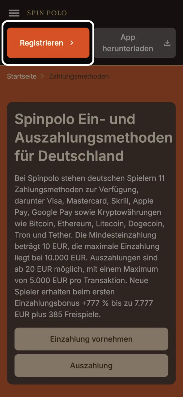 Einfach bei Spinpolo anmelden, Zugangsdaten eingeben und starten.