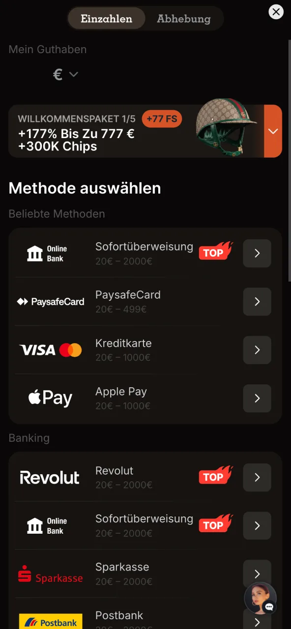 Bevorzugte Spinpolo Zahlungsart auswählen, übersichtlich mit Logos dargestellt.