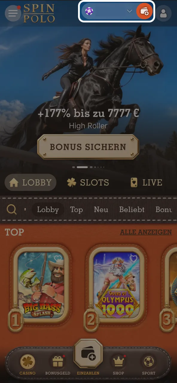 Zur Spinpolo Kasse, im Hauptmenü einfach Einzahlen auswählen.