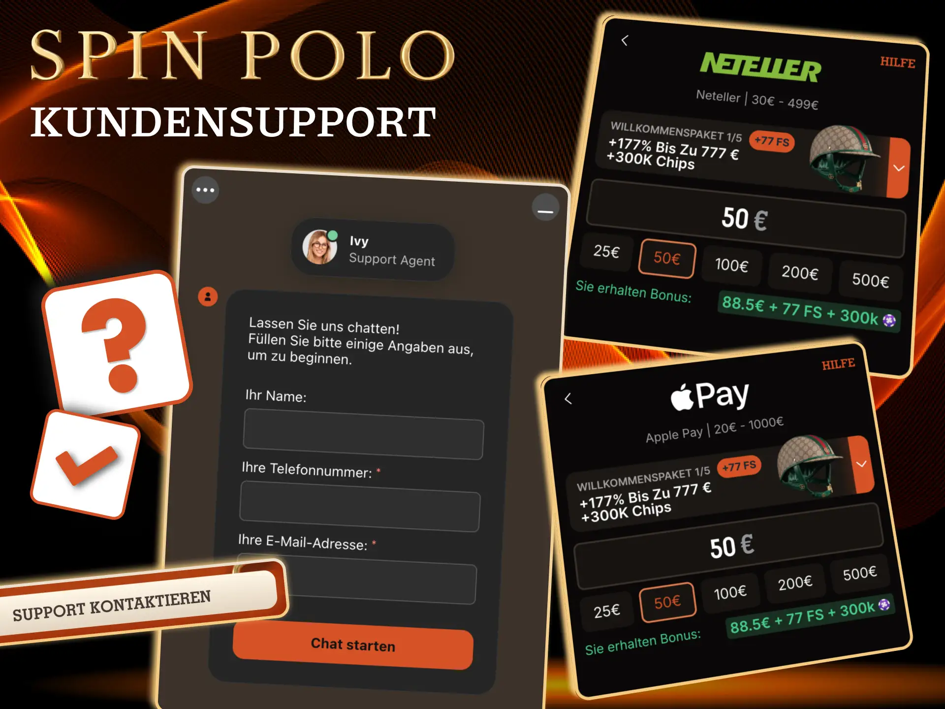 24/7 Spinpolo Support, erreichbar per Live Chat, E-Mail und Telegram.